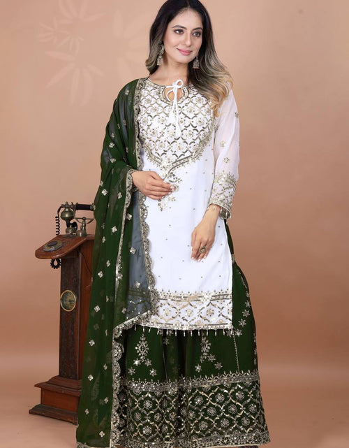 Load image into Gallery viewer, Festive  Green Women’s Top Sharara Palazzo Dupatta Suit mahezon
