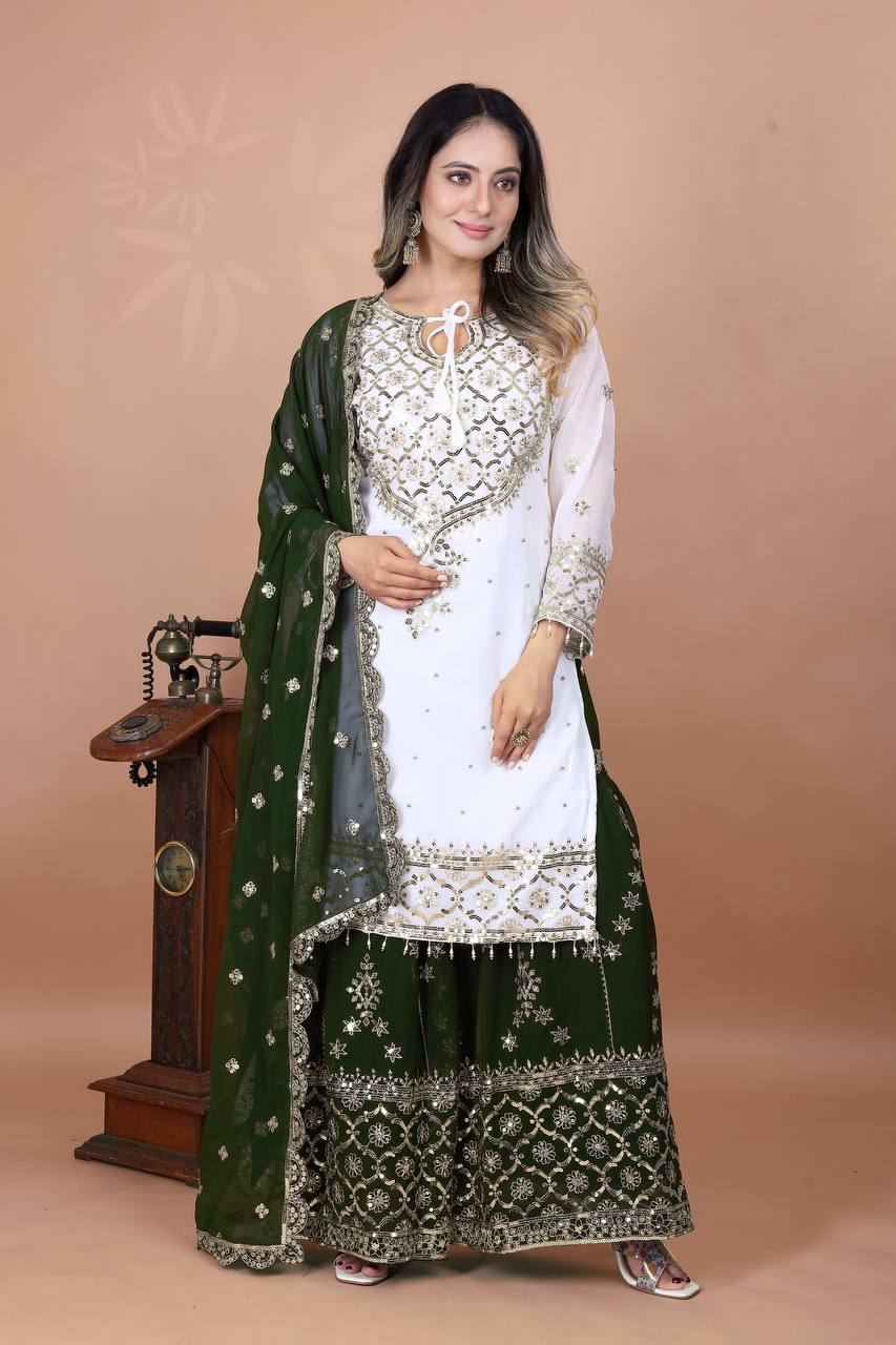 Festive  Green Women’s Top Sharara Palazzo Dupatta Suit mahezon