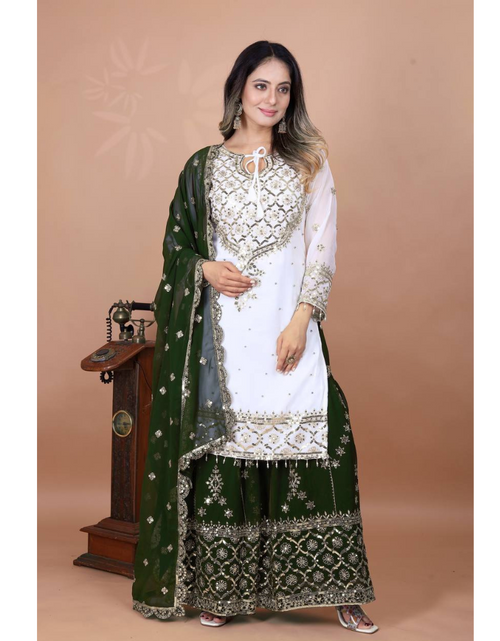 Load image into Gallery viewer, Festive  Green Women’s Top Sharara Palazzo Dupatta Suit mahezon
