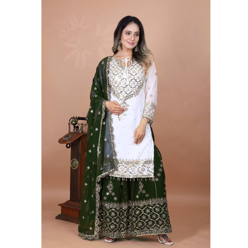 Festive  Green Women’s Top Sharara Palazzo Dupatta Suit mahezon