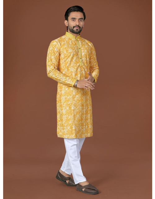 Load image into Gallery viewer, Festive Indian Cotton Lucknowi Men Kurta Pajama Set for Haldi Wedding mahezon
