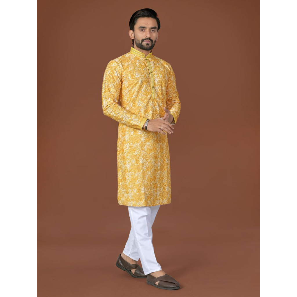 Festive Indian Cotton Lucknowi Men Kurta Pajama Set for Haldi Wedding mahezon