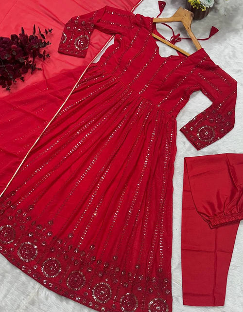 Load image into Gallery viewer, Festive Karwa Chauth Red Women’s Kurta Pant Dupatta Set mahezon
