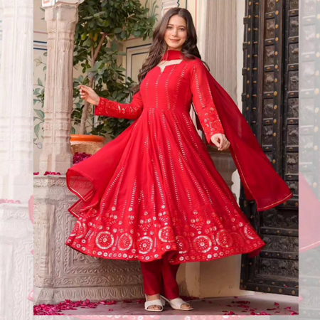 Festive Karwa Chauth Red Women’s Kurta Pant Dupatta Set mahezon