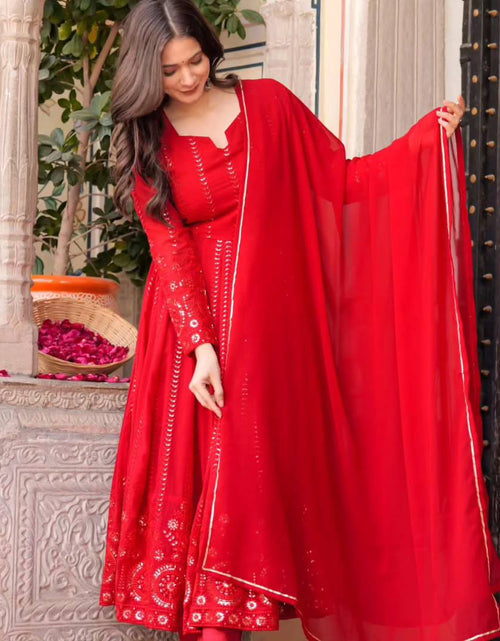 Load image into Gallery viewer, Festive Karwa Chauth Red Women’s Kurta Pant Dupatta Set mahezon
