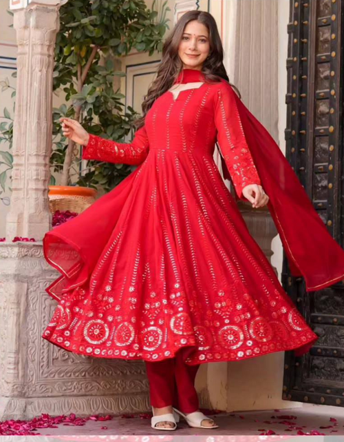 Load image into Gallery viewer, Festive Karwa Chauth Red Women’s Kurta Pant Dupatta Set mahezon
