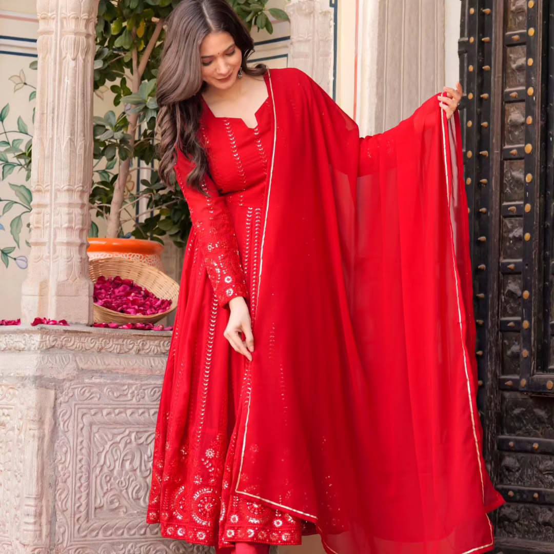 Festive Karwa Chauth Red Women’s Kurta Pant Dupatta Set mahezon