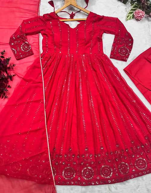 Load image into Gallery viewer, Festive Karwa Chauth Red Women’s Kurta Pant Dupatta Set mahezon
