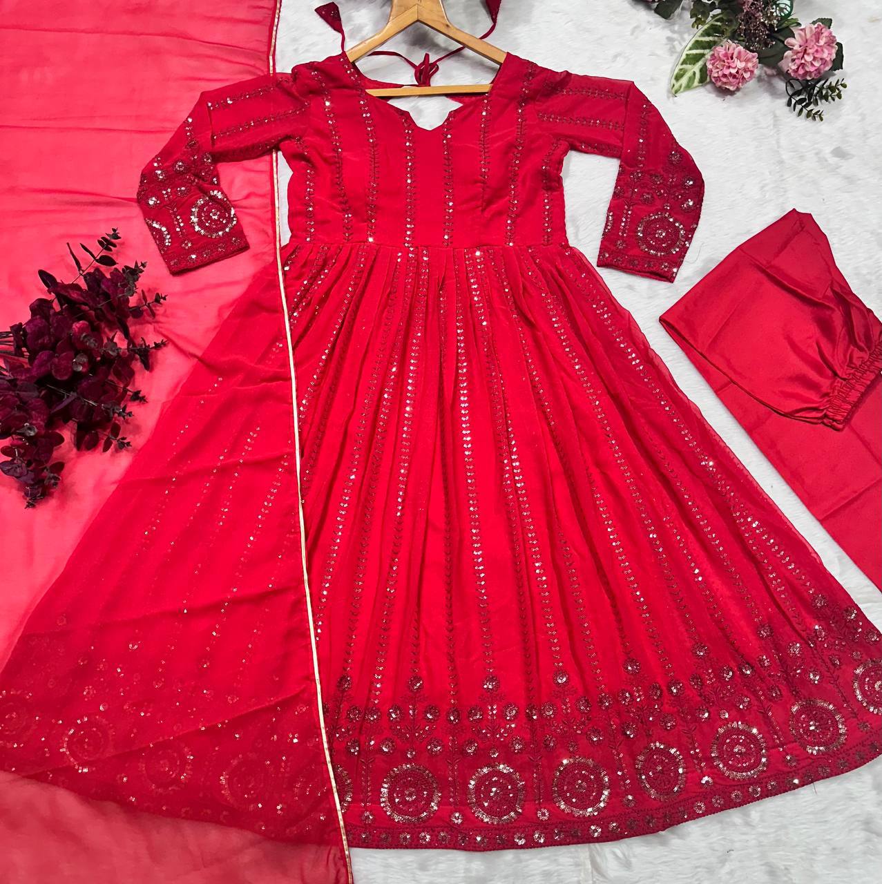 Festive Karwa Chauth Red Women’s Kurta Pant Dupatta Set mahezon
