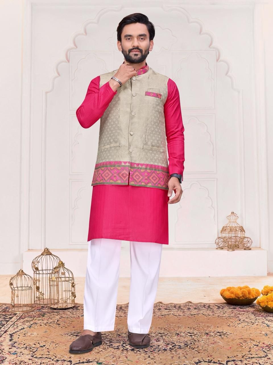 Ethnic Couple Wear Traditional Indian Men Kurta Pajama Koti and Women Saree mahezon