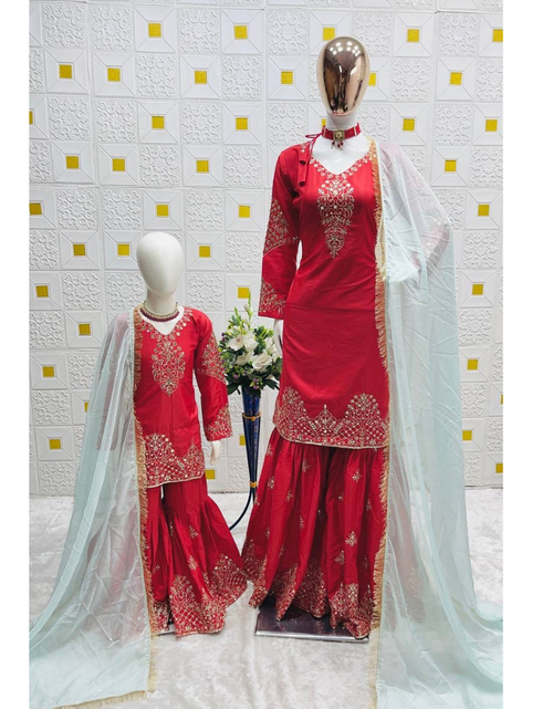 Load image into Gallery viewer, Festive Mother And Daughter Top Palazzo Dupatta Twinning Outfit Set Royal Export
