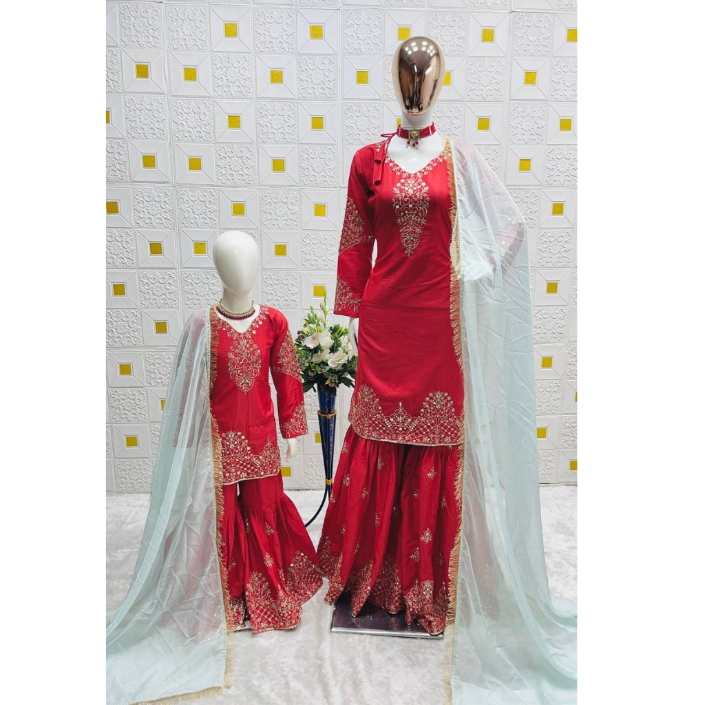 Festive Mother And Daughter Top Palazzo Dupatta Twinning Outfit Set Royal Export