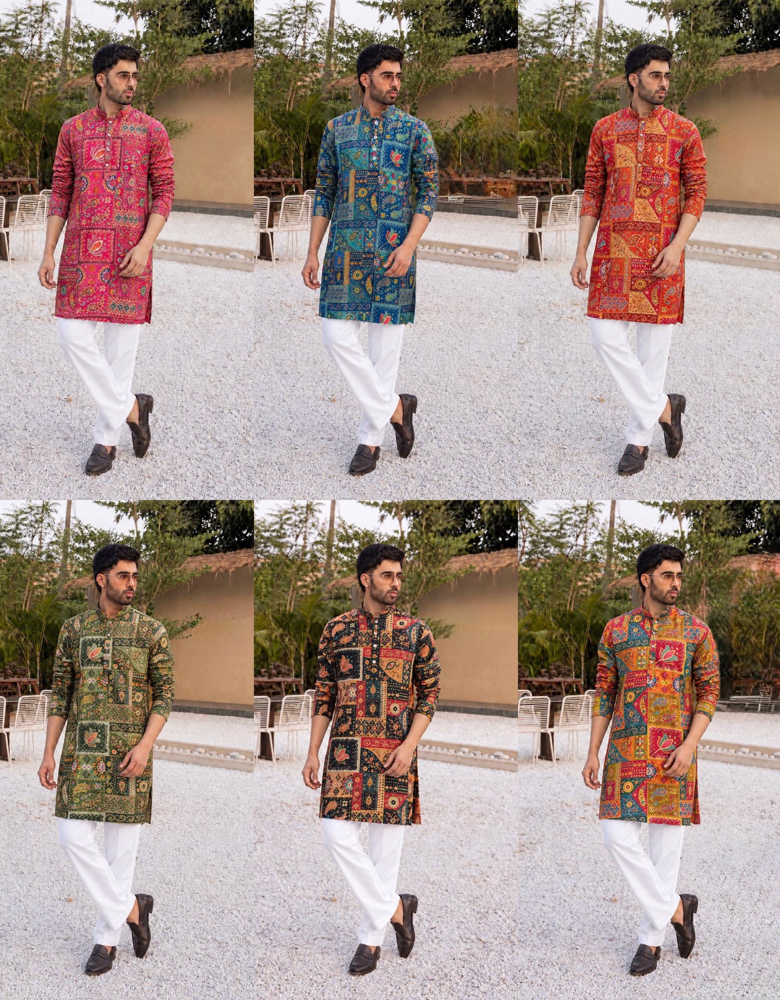 Six men are shown wearing different colorful printed kurta and white trousers in an outdoor setting, arranged in a 2x3 grid. The kurtas feature various patterns and colors including pink, blue, orange, green, and multicolor prints.