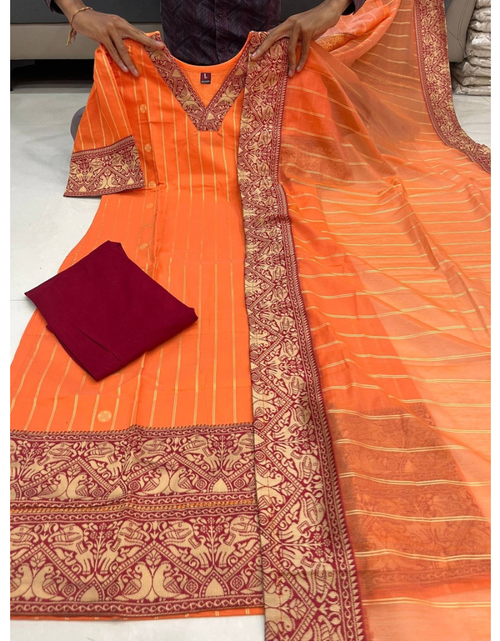 Load image into Gallery viewer, Festive Orange Cotton Women Kurti Leggings with Dupatta Set mahezon
