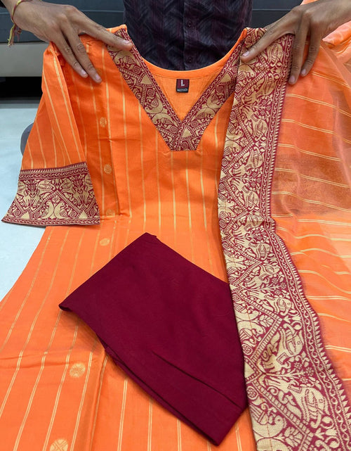 Load image into Gallery viewer, Festive Orange Cotton Women Kurti Leggings with Dupatta Set mahezon
