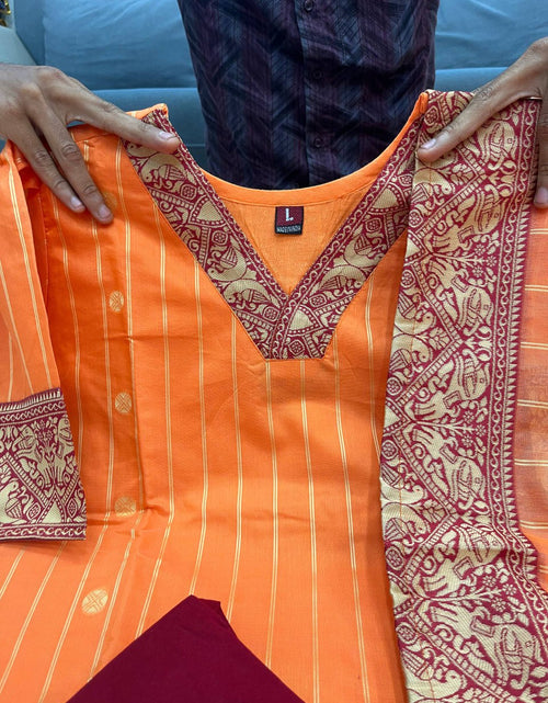 Load image into Gallery viewer, Festive Orange Cotton Women Kurti Leggings with Dupatta Set mahezon
