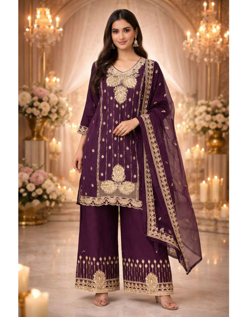 Load image into Gallery viewer, Party Wear Embroidered Women Top Palazzo Dupatta Suit Dress mahezon
