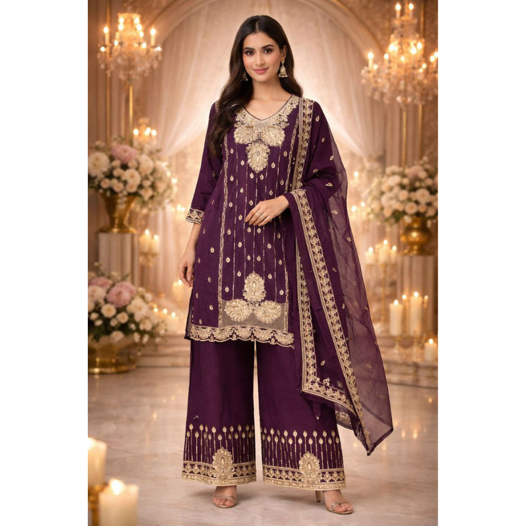 Party Wear Embroidered Women Top Palazzo Dupatta Suit Dress mahezon