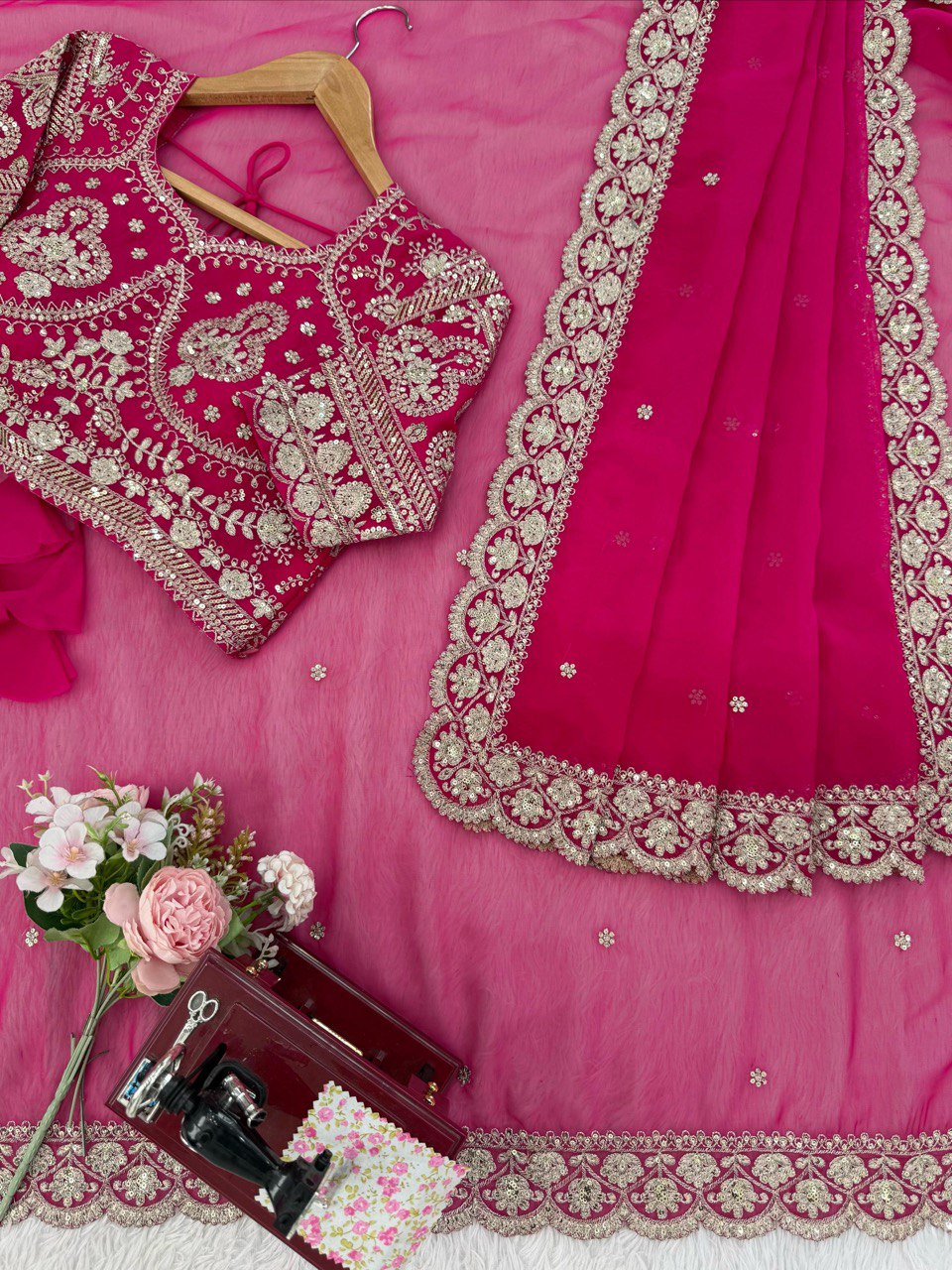 Festive Pink Designer Women’s Saree with unstitched Blouse mahezon