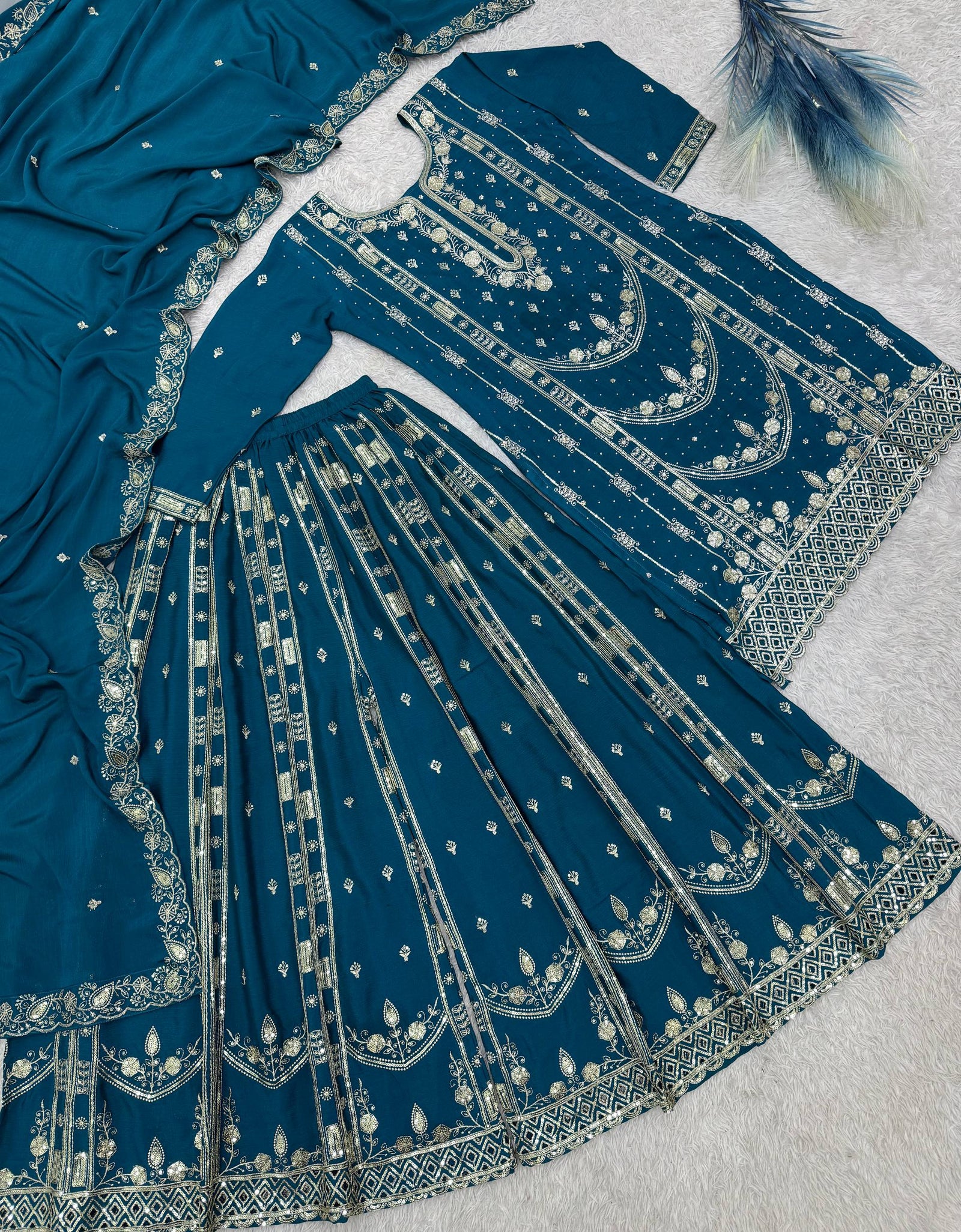 Festive Readymade Sequence Embroidered Women Top Palazzo Dupatta Suit Dress mahezon