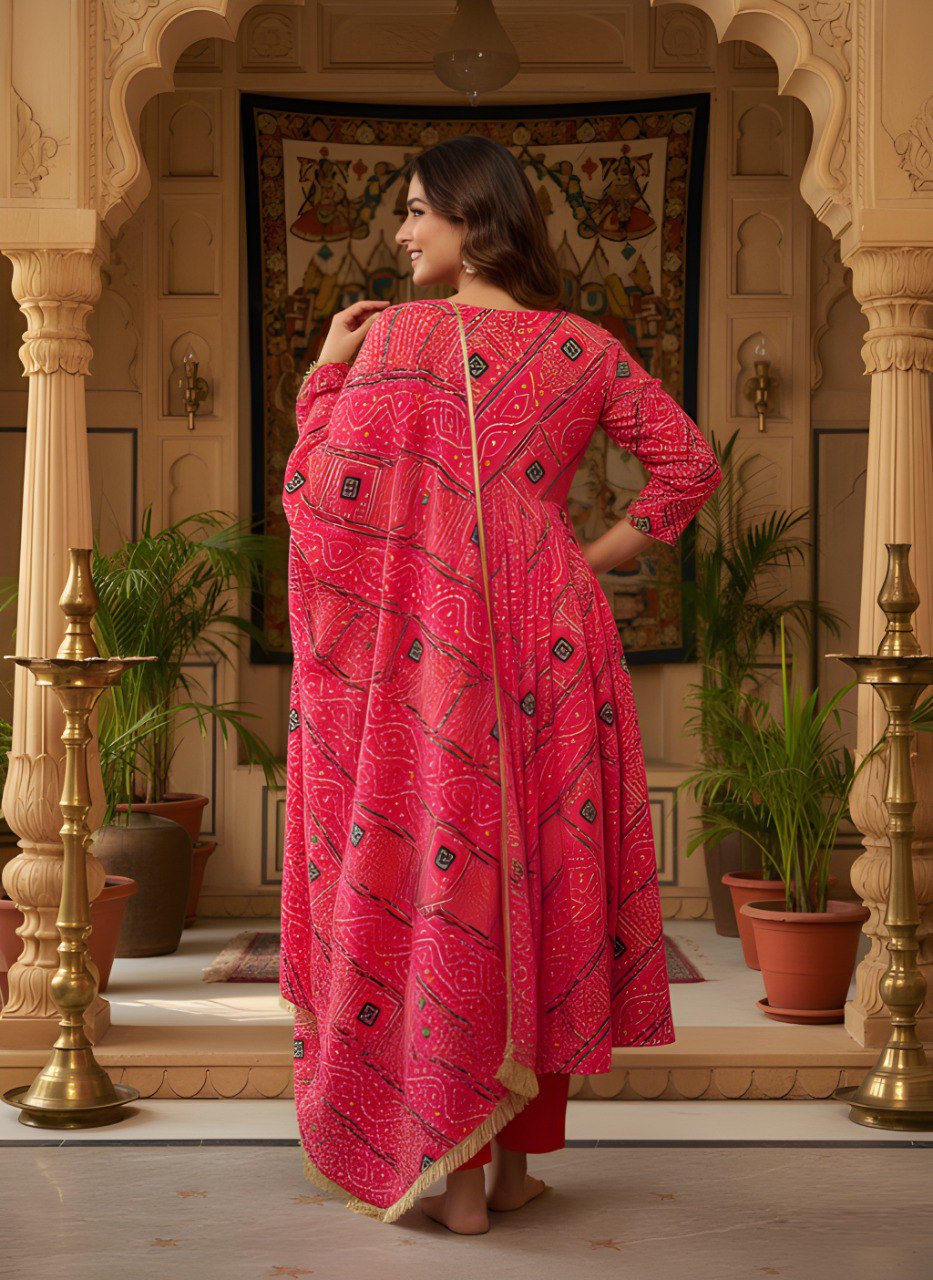 Red Bandhani Print Women Kurti with Pant and Dupatta mahezon