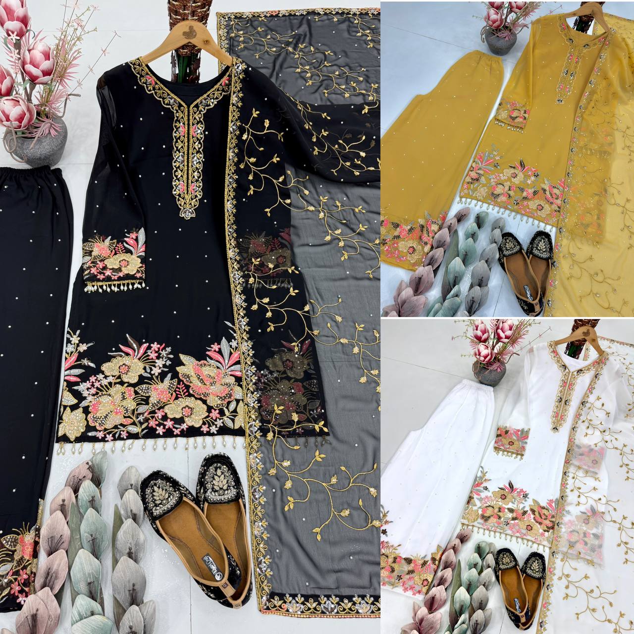 Festive Sequence Embroidered Women Top Palazzo Dupatta Suit Dress mahezon