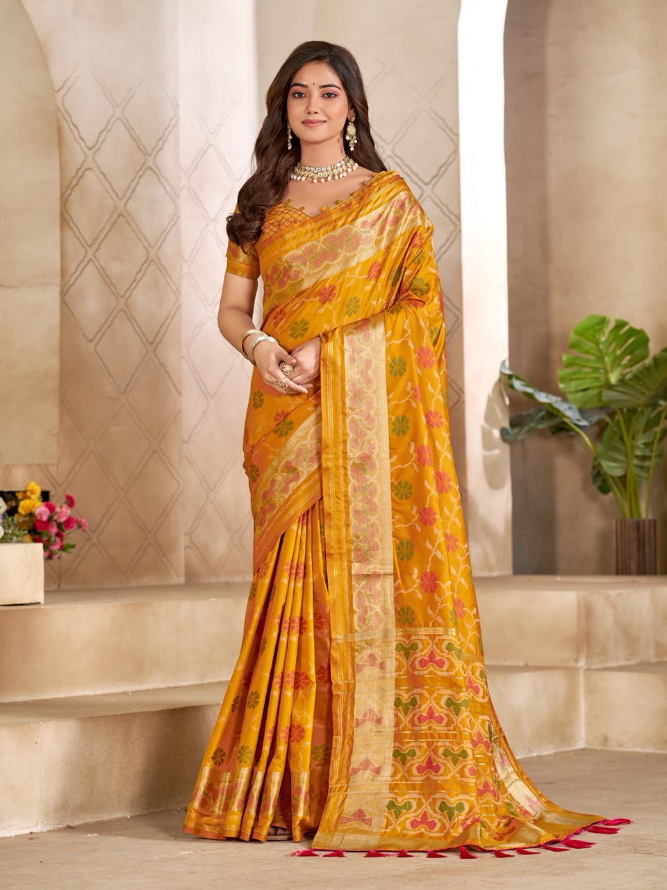 A woman models a golden yellow Banarasi silk saree with intricate red and green floral patterns and a gold zari border, set against a classical stone architectural background.