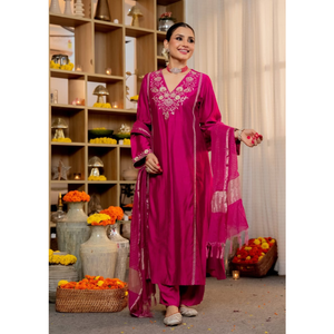 Festive Silk Women’s Kurti Pant Dupatta Suit mahezon