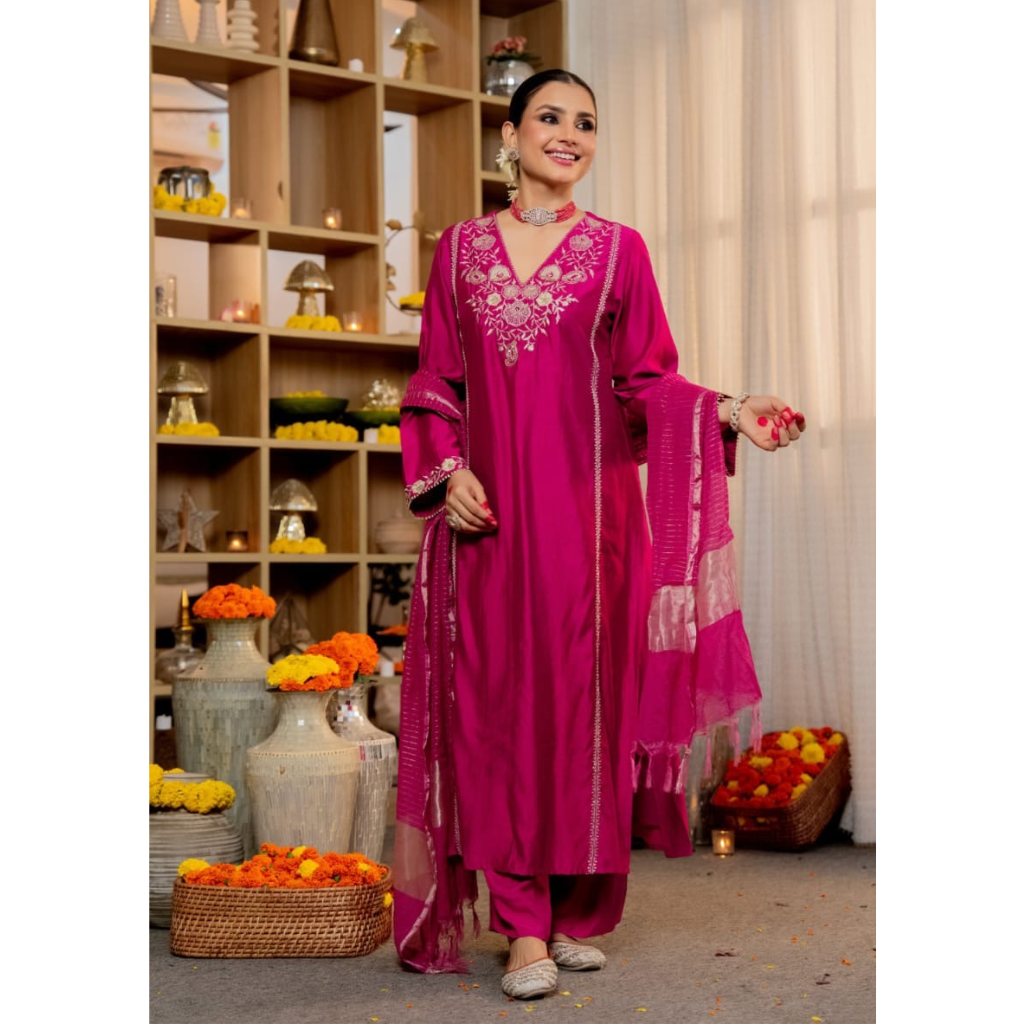Festive Silk Women’s Kurti Pant Dupatta Suit mahezon