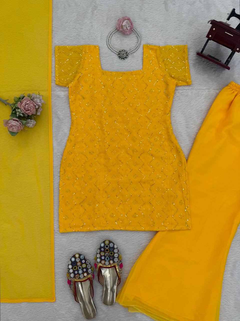 Festive Special Georgette Women Kurti Pant Dupatta Set mahezon