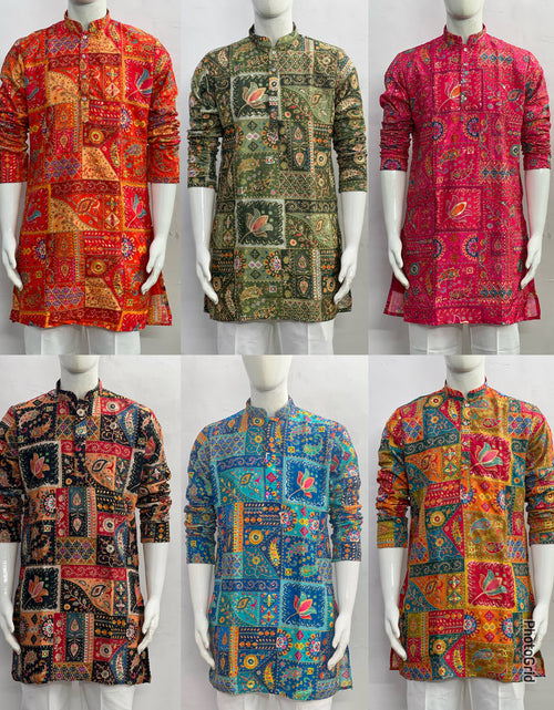 Load image into Gallery viewer, Six mennequin torsos display colorful patchwork printed kurta shirts in different colorways, arranged in a 2x3 grid against a plain light background.
