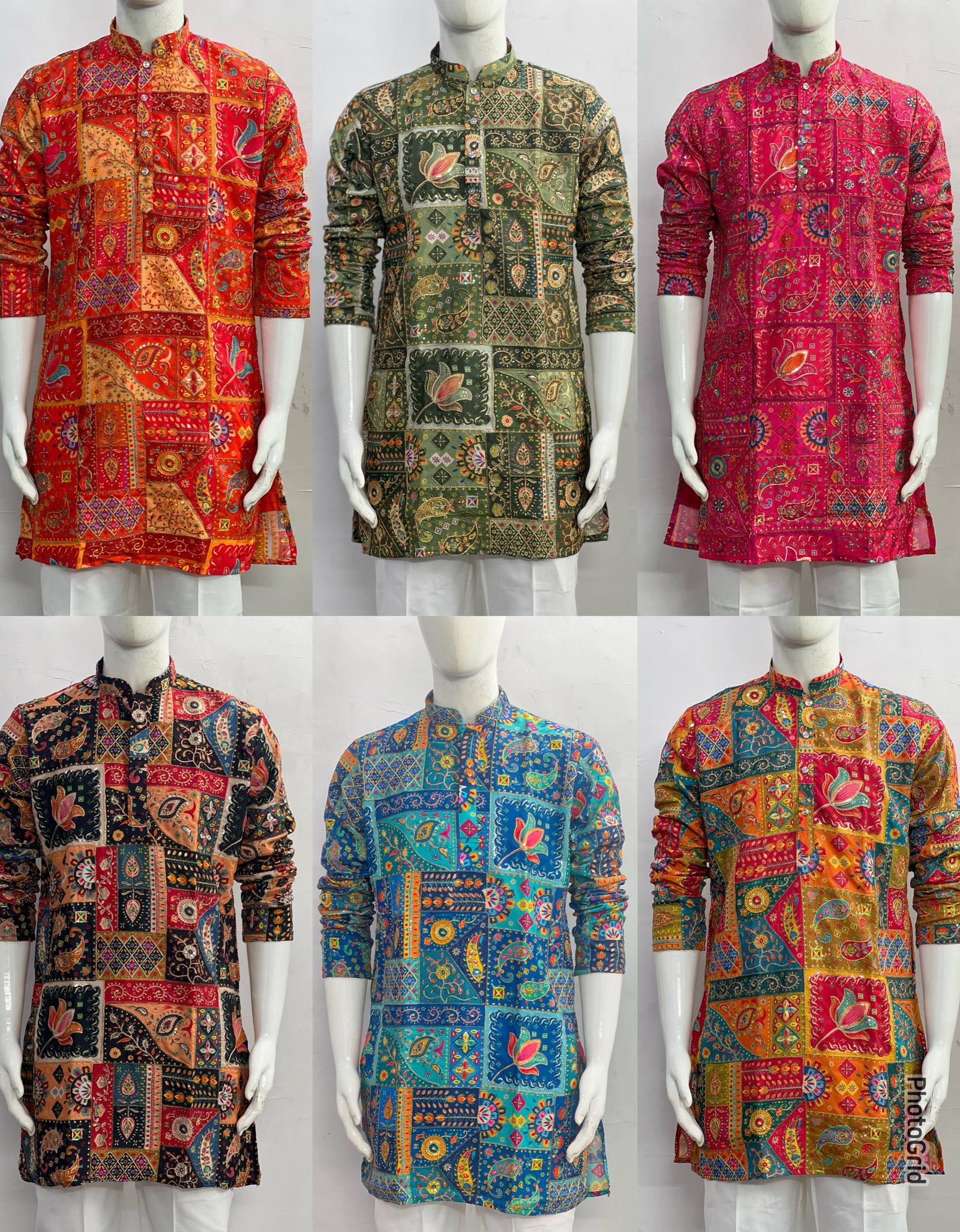 Six mennequin torsos display colorful patchwork printed kurta shirts in different colorways, arranged in a 2x3 grid against a plain light background.