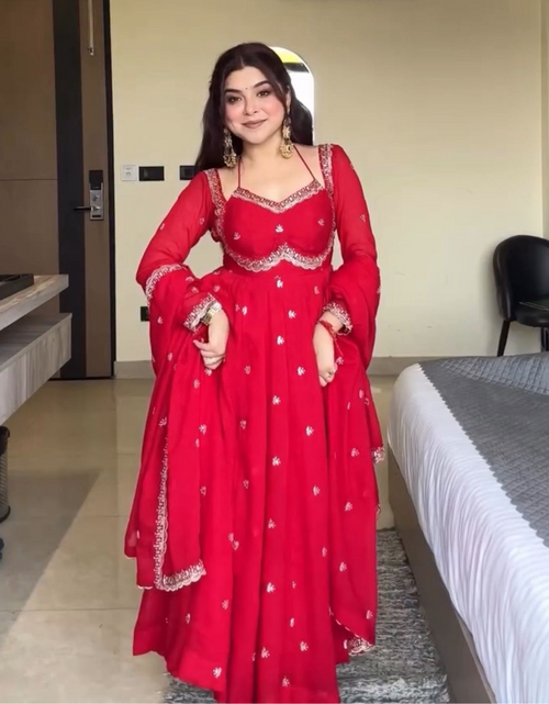 Load image into Gallery viewer, Festive Traditional Ethnic Red Women Gown Dupatta mahezon
