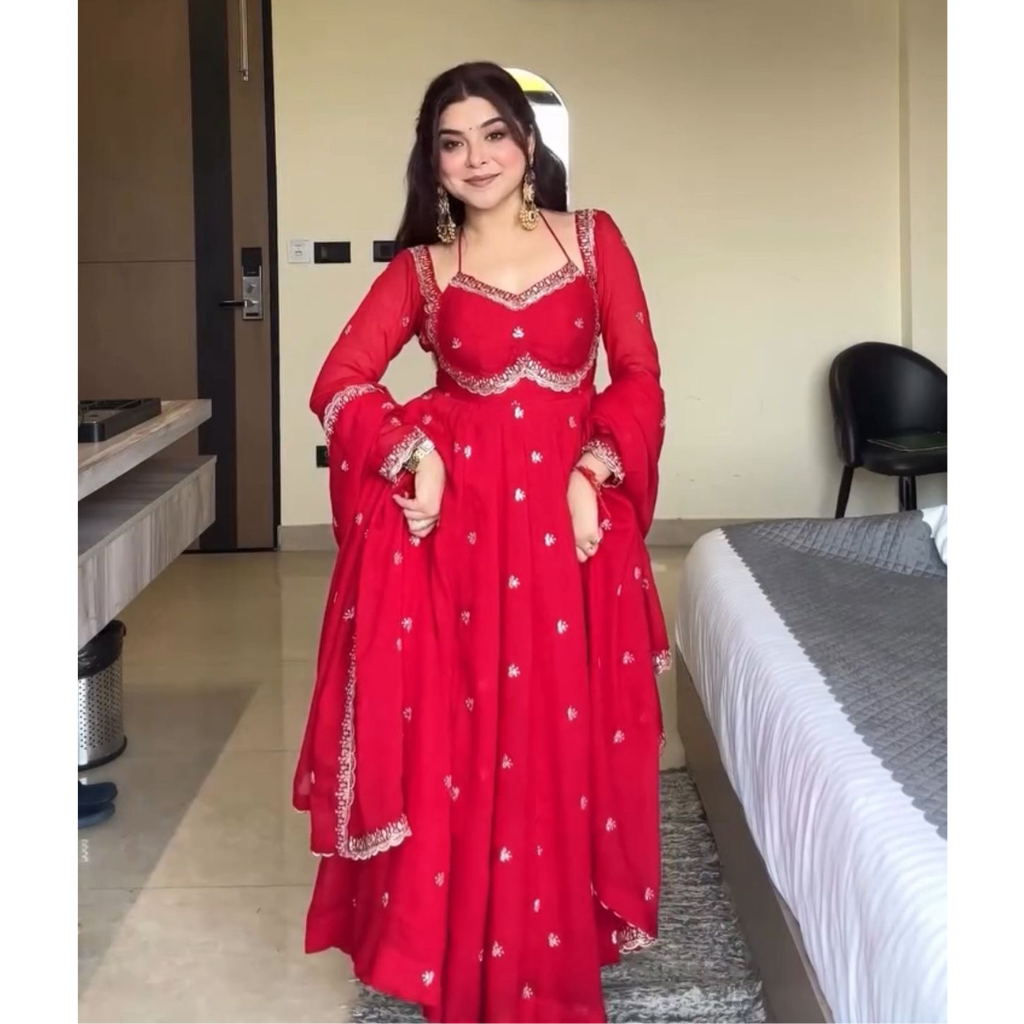 Festive Traditional Ethnic Red Women Gown Dupatta mahezon