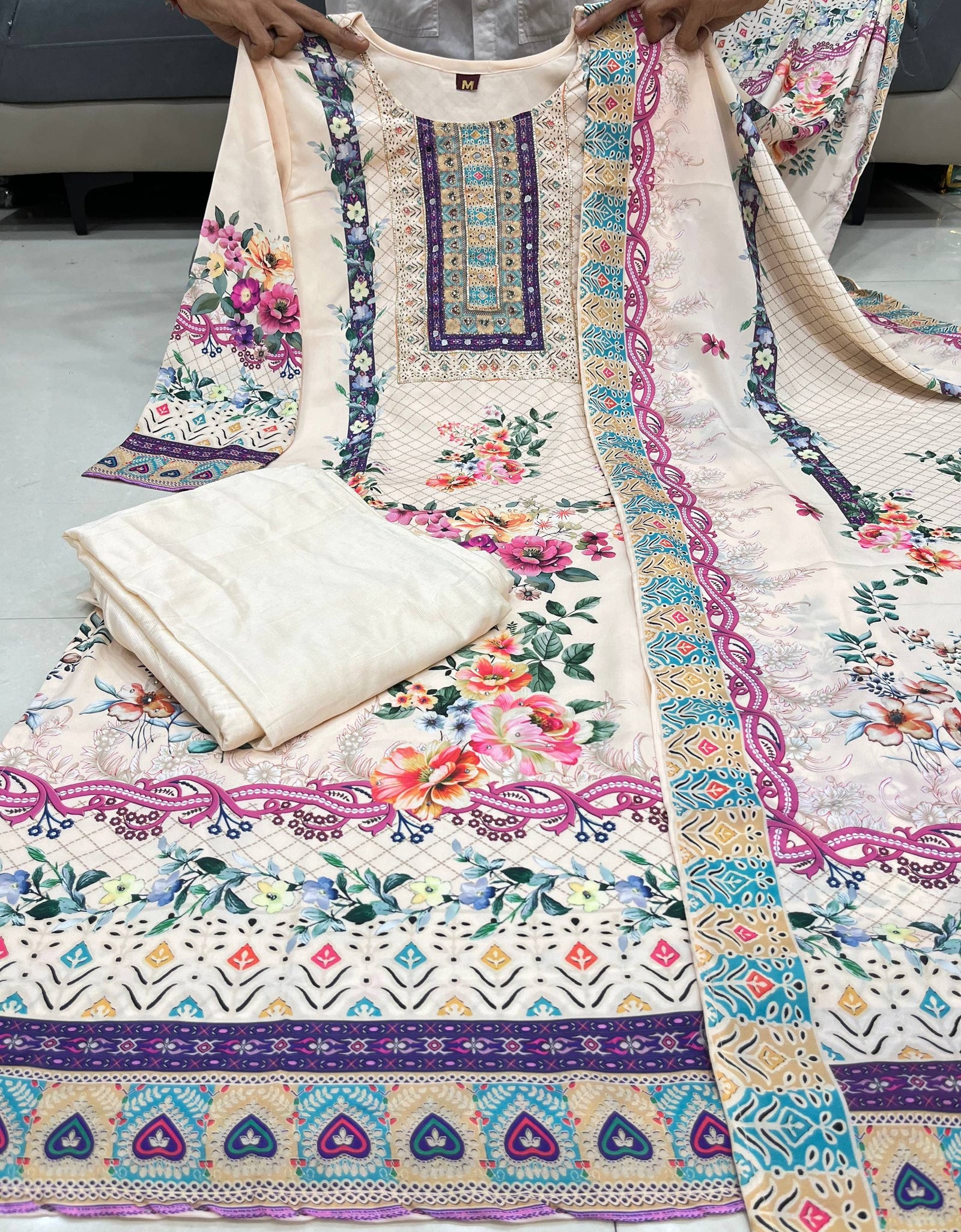 Festive White Embroidery work Women Kurti Pant Dupatta Suit mahezon