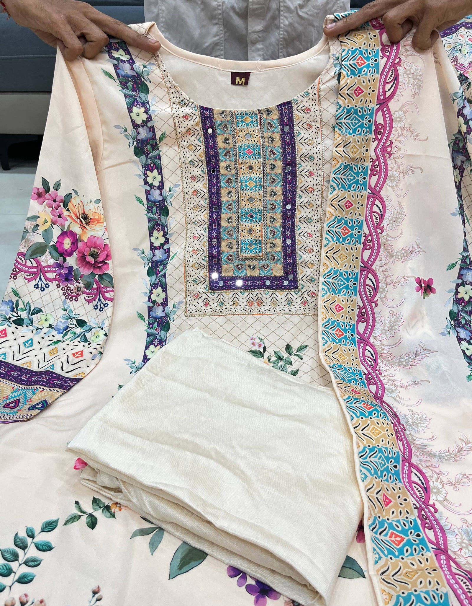 Festive White Embroidery work Women Kurti Pant Dupatta Suit mahezon