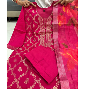 Festive Banarasi Silk Women’s Kurti Pant Dupatta Suit mahezon