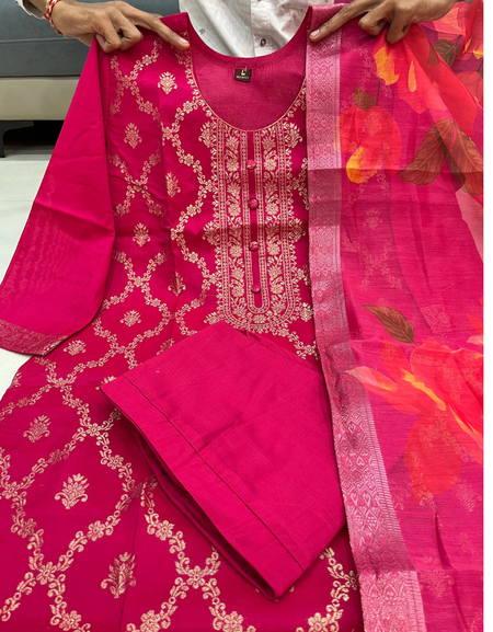 Festive Banarasi Silk Women’s Kurti Pant Dupatta Suit mahezon