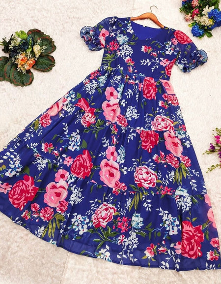 Blue Floral Georgette Midi Maxi Dress mahezon