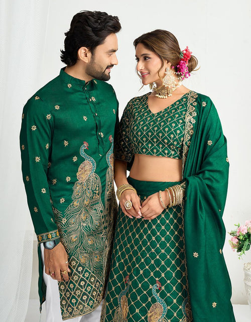 Load image into Gallery viewer, Green Crunchy Silk Ethnic Traditional Indian Couple Wear Same Matching Men Kurta Women Lehenga Blouse Dupatta for Weddings mahezon
