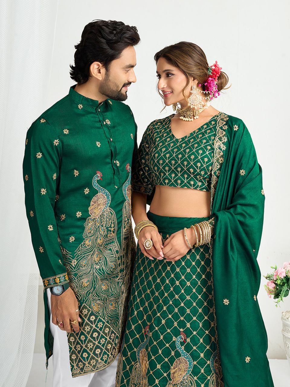 Green Crunchy Silk Ethnic Traditional Indian Couple Wear Same Matching Men Kurta Women Lehenga Blouse Dupatta for Weddings mahezon
