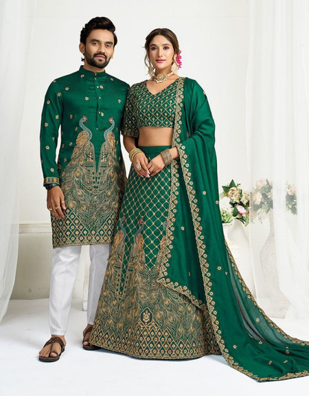 Green Crunchy Silk Ethnic Traditional Indian Couple Wear Same Matching Men Kurta Women Lehenga Blouse Dupatta for Weddings mahezon
