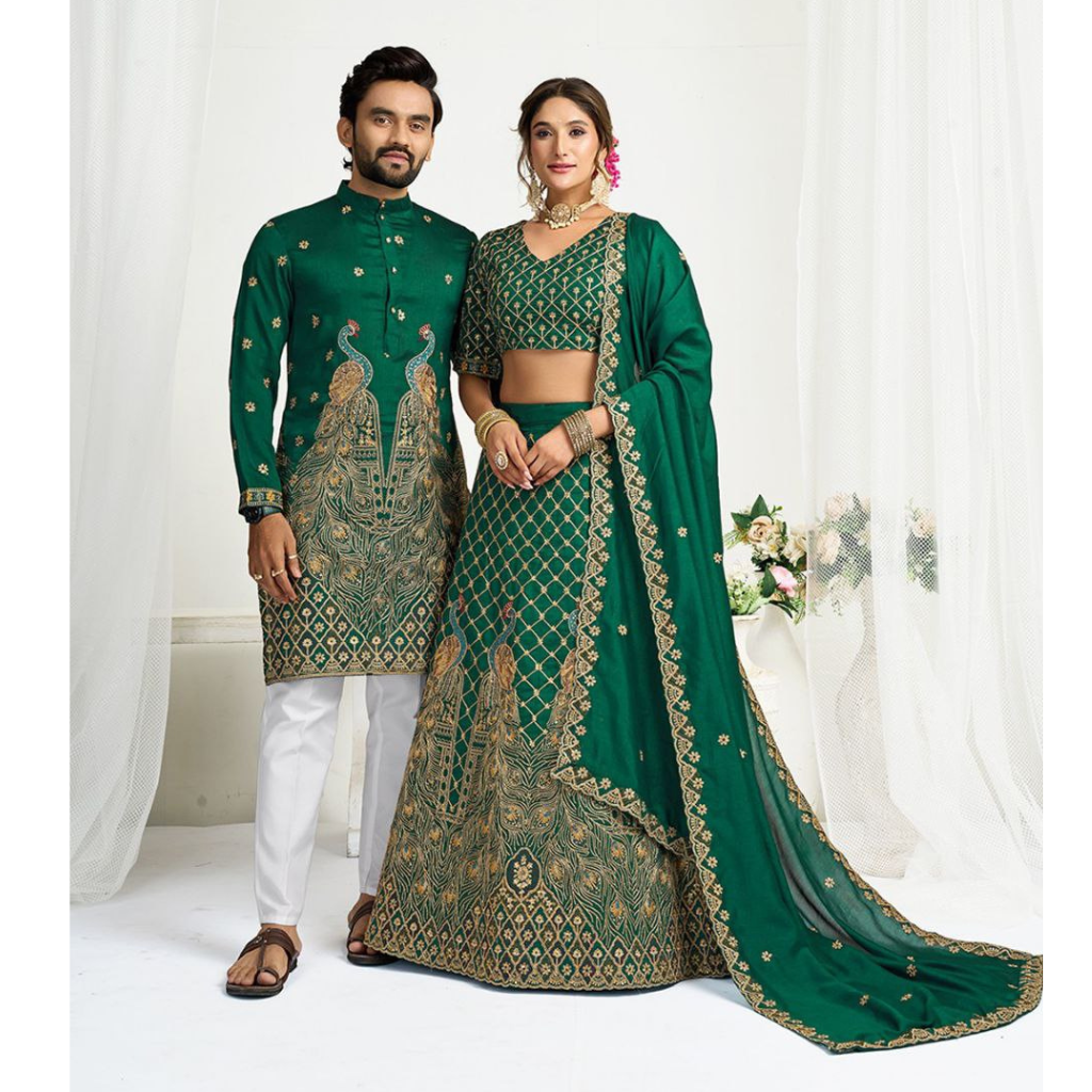 Green Crunchy Silk Ethnic Traditional Indian Couple Wear Same Matching Men Kurta Women Lehenga Blouse Dupatta for Weddings mahezon