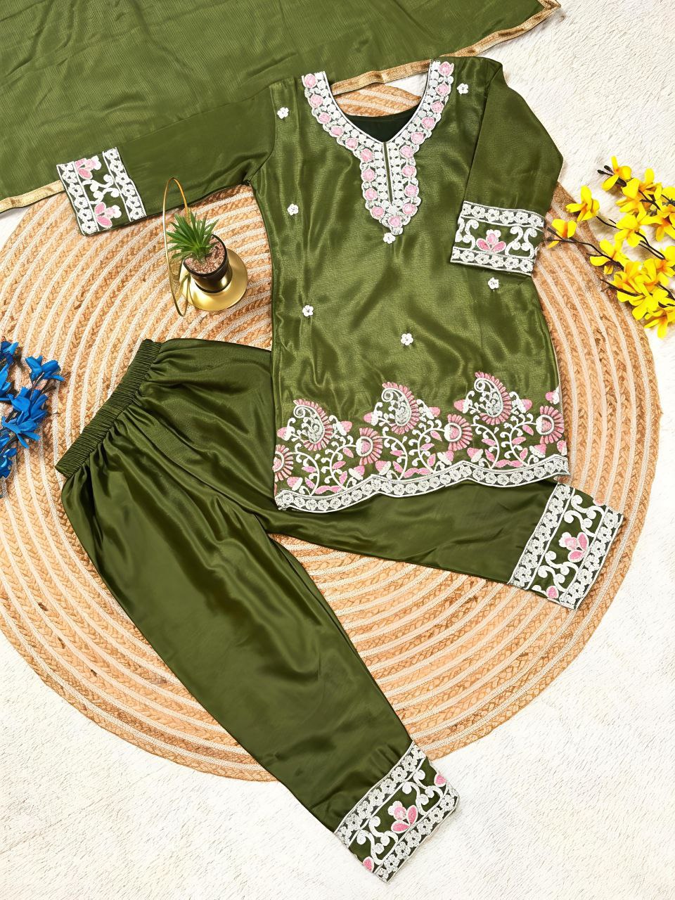 Festive Embroidery Kid Girl Kurti Palazzo with Dupatta Suit mahezon