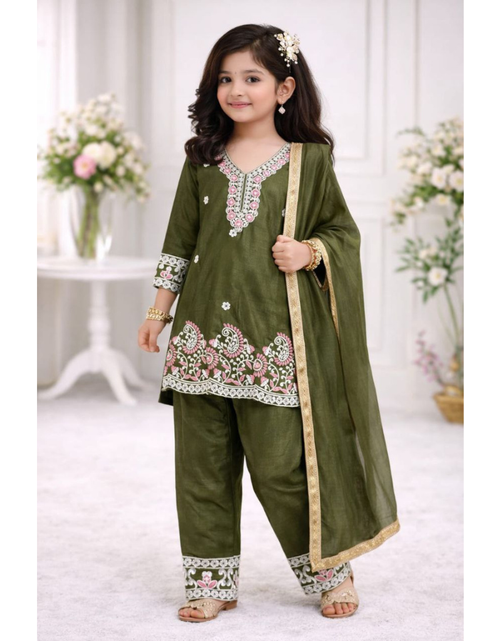 Load image into Gallery viewer, Festive Embroidery Kid Girl Kurti Palazzo with Dupatta Suit mahezon
