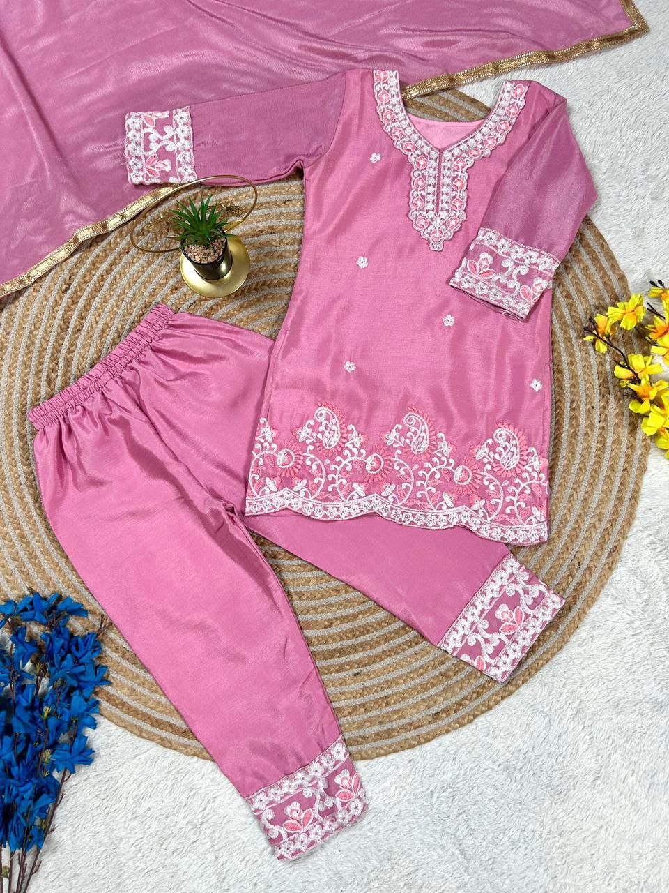 Festive Embroidery Kid Girl Kurti Palazzo with Dupatta Suit mahezon