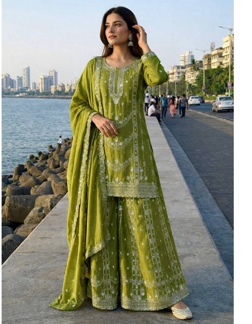 Load image into Gallery viewer, Festive Readymade Sequence Embroidered Women Top Palazzo Dupatta Suit Dress mahezon
