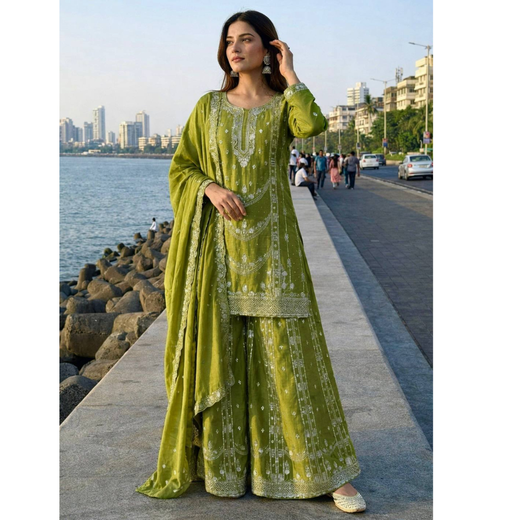 Festive Readymade Sequence Embroidered Women Top Palazzo Dupatta Suit Dress mahezon