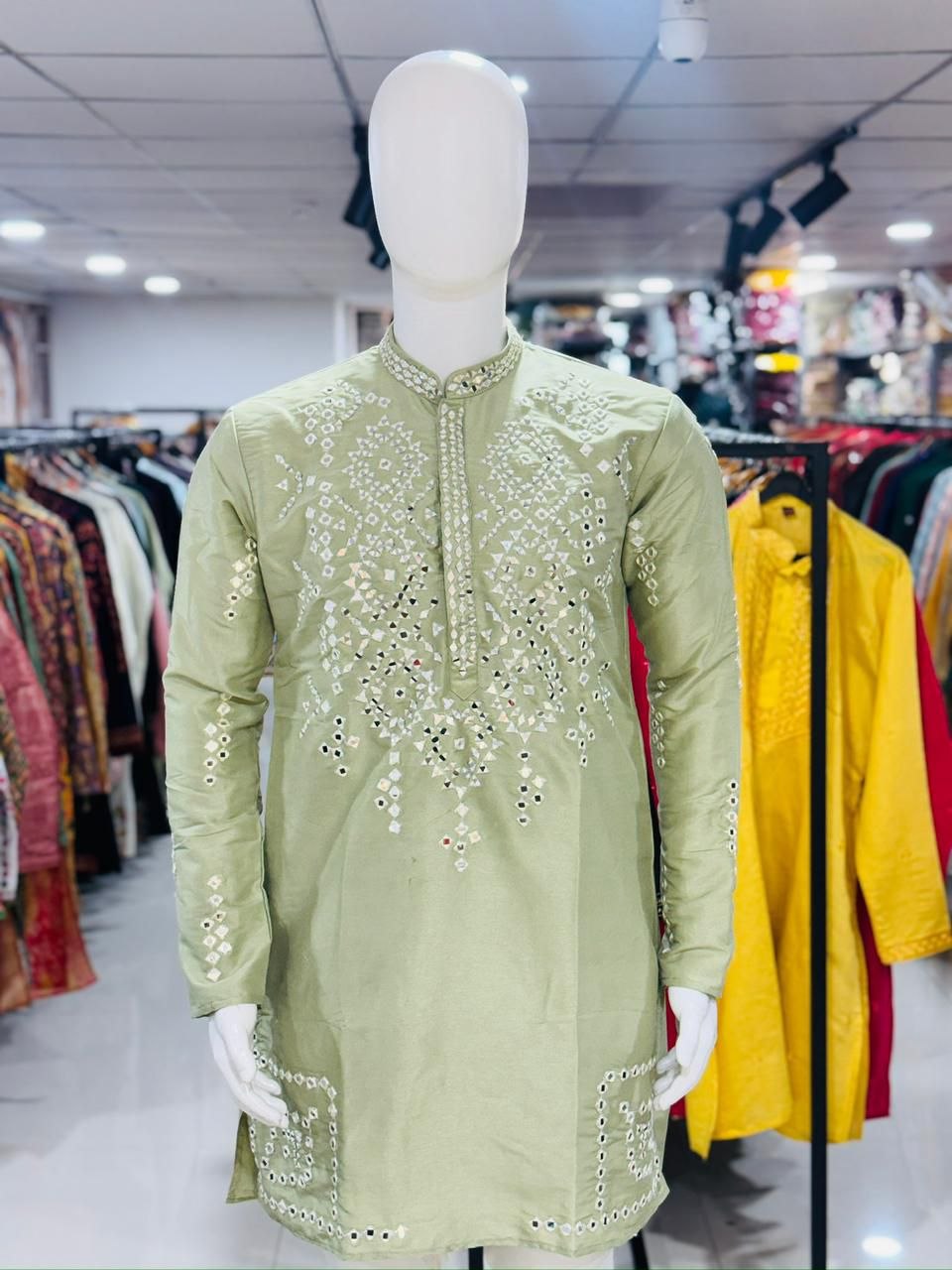 Indian Traditional Silk Embroidery Men’s Short Kurta Pajama Set mahezon