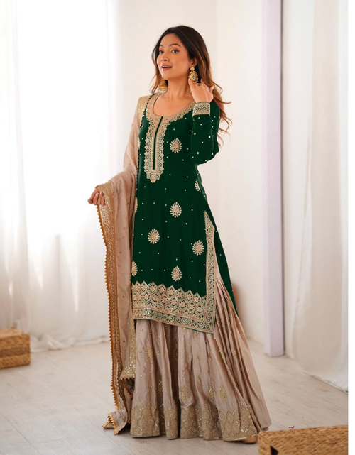 Load image into Gallery viewer, Party Wear Designer Women Top Sharara with Dupatta Suit Dress
